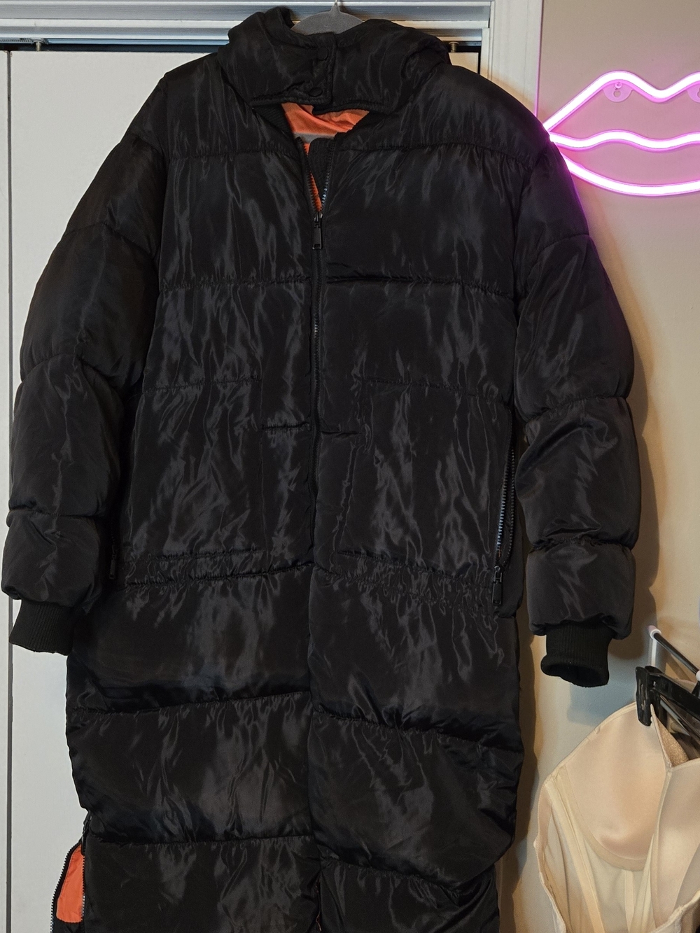 PrettyLittleThing Black Long Puffer Coat with Orange Lining